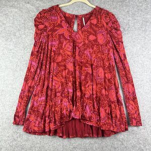 Free People Hello Lover Tunic Dress Womens XS Red Puff Sleeve Swing Boho Mini LS